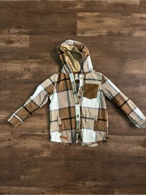 MarleyLilly Plaid Hooded Button-Up in Tan & White